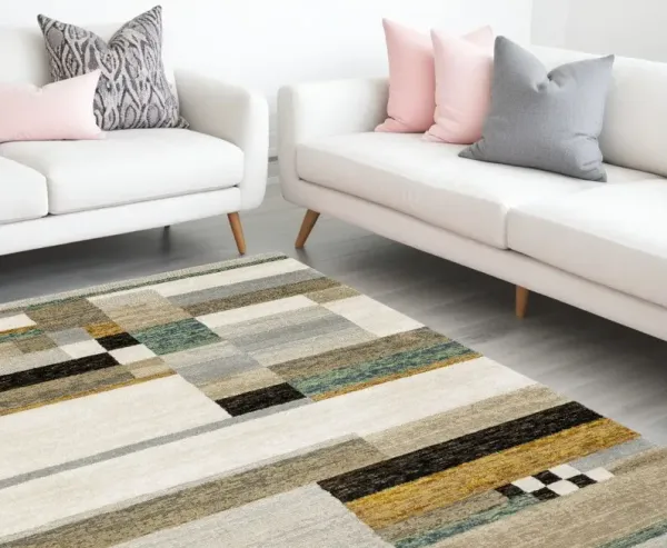 9' x 12' Geometric Power Loom Area Rug - Beige Gold Black Gray Tan Teal And Rust