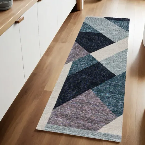 8' Runner Geometric Power Loom Runner Rug - Blue Purple Gray And Teal