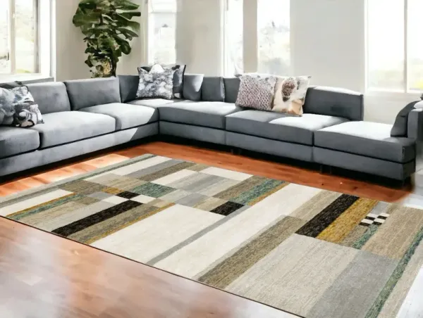 8' x 11' Geometric Power Loom Area Rug - Beige Gold Black Gray Tan Teal And Rust