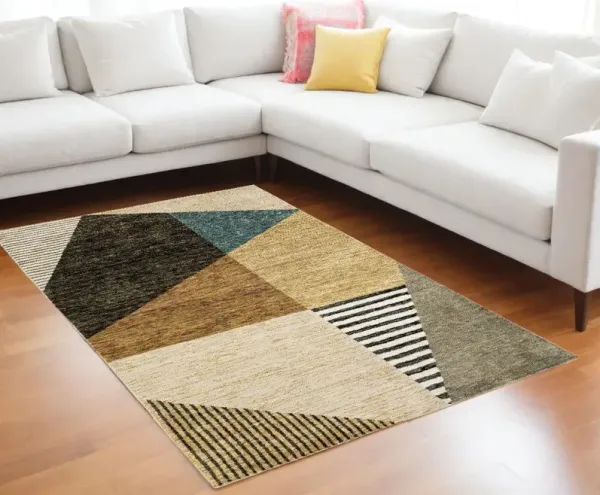 7' x 10' Geometric Power Loom Area Rug - Gold Brown Blue Charcoal Rust And Beige