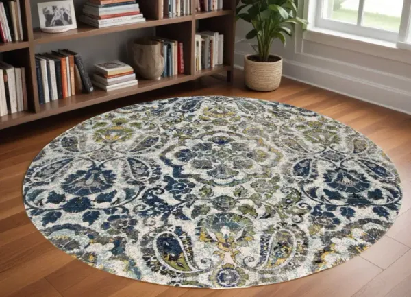 8' Round Floral Stain Resistant Area Rug - Ivory Blue And Green