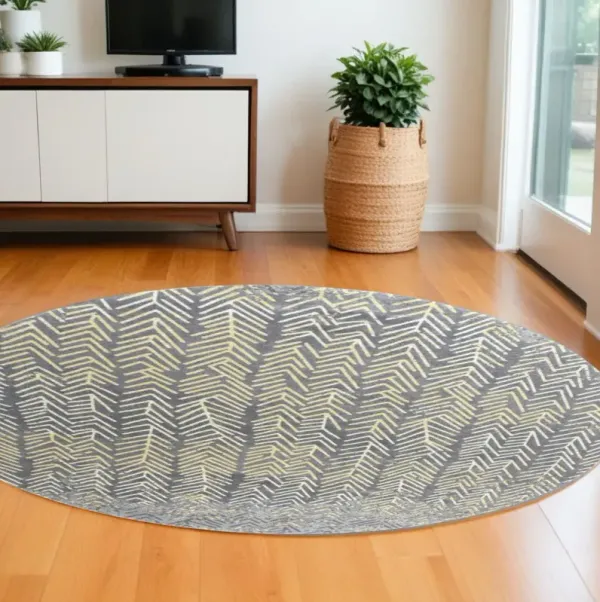 8' Round Abstract Stain Resistant Area Rug - Gray Yellow And White