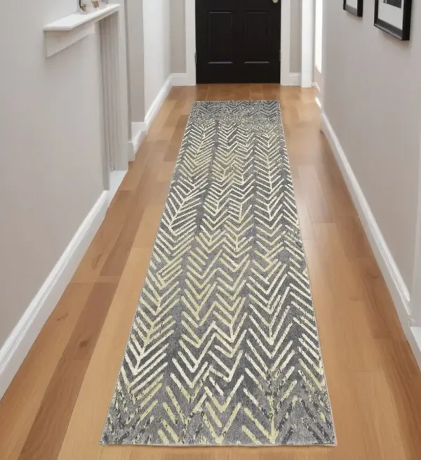 8' Geometric Power Loom Distressed Runner Rug - Gray And Yellow