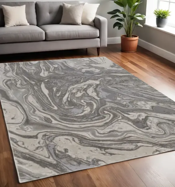5' x 8' Abstract Stain Resistant Polypropylene Area Rug - Gray Ivory And Silver