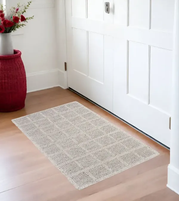 2' x 3' Wool Plaid Hand Woven Area Rug - Ivory And Gray