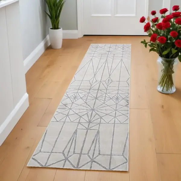 8' Geometric Stain Resistant Runner Rug - White Silver And Gray