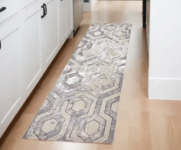 8' Abstract Runner Rug - Gray Taupe And Silver