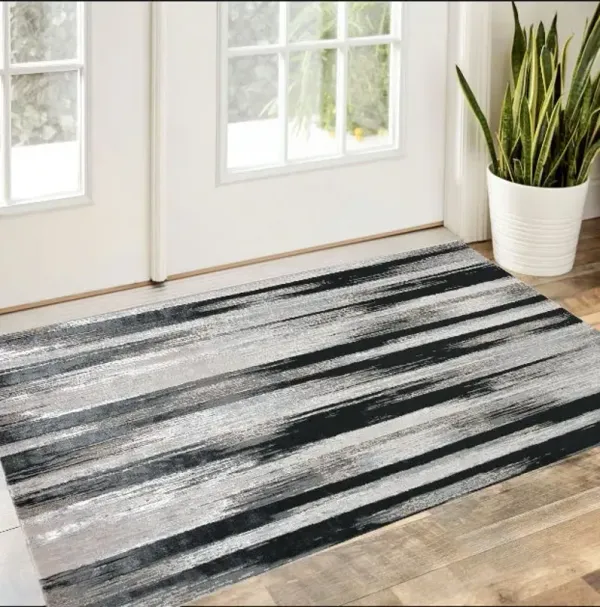 2' x 3' Abstract Power Loom Area Rug - Black Silver And Gray