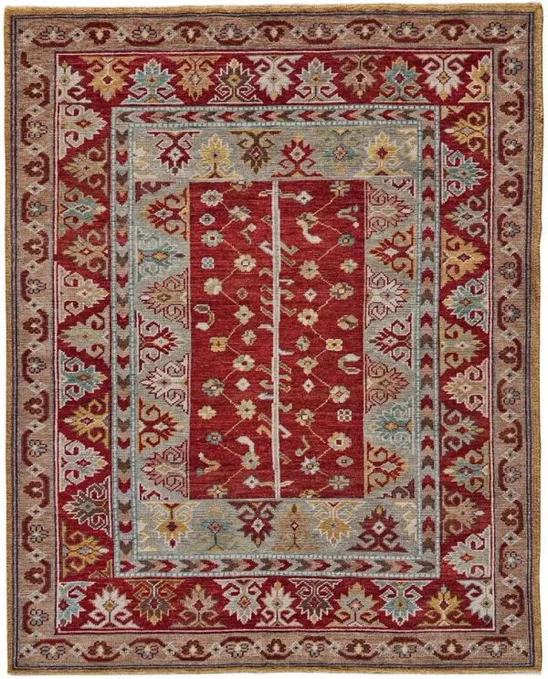 5' x 8' Wool Floral Hand Knotted Distressed Stain Resistant Area Rug With Fringe - Red Blue And Brown