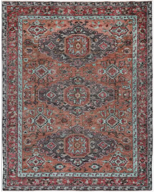 8' x 10' Wool Floral Hand Knotted Distressed Area Rug With Fringe - Red Orange