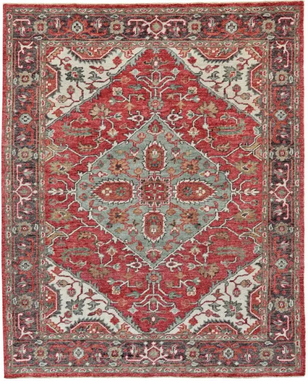 5' x 8' Wool Floral Hand Knotted Distressed Stain Resistant Area Rug With Fringe - Red Gray And Ivory