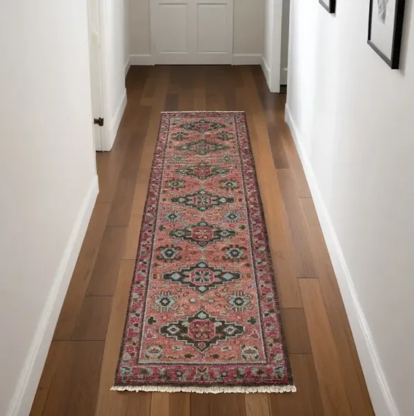 8' Wool Floral Hand Knotted Distressed Runner Rug - Red Orange