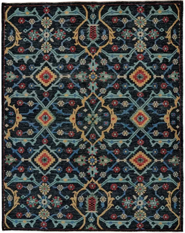 8' x 10' Wool Floral Hand Knotted Distressed Stain Resistant Area Rug With Fringe - Blue Yellow And Red