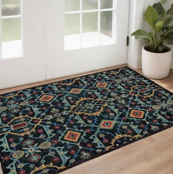 2' x 3' Wool Floral Hand Knotted Distressed Stain Resistant Area Rug With Fringe - Blue Yellow And Red
