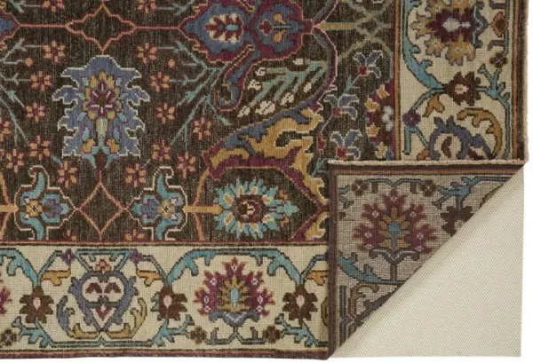 5' x 8' Wool Floral Hand Knotted Distressed Stain Resistant Area Rug With Fringe - Ivory Brown And Blue