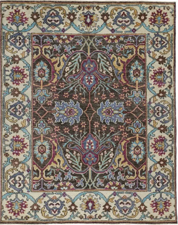 2' x 3' Wool Floral Hand Knotted Distressed Stain Resistant Area Rug With Fringe - Ivory Brown And Blue