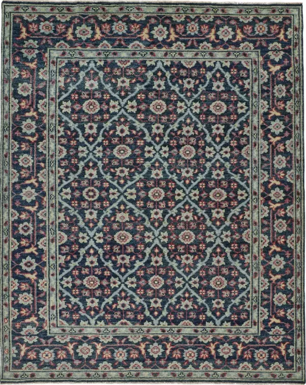 2' x 3' Wool Floral Hand Knotted Distressed Stain Resistant Area Rug With Fringe - Blue Green And Red