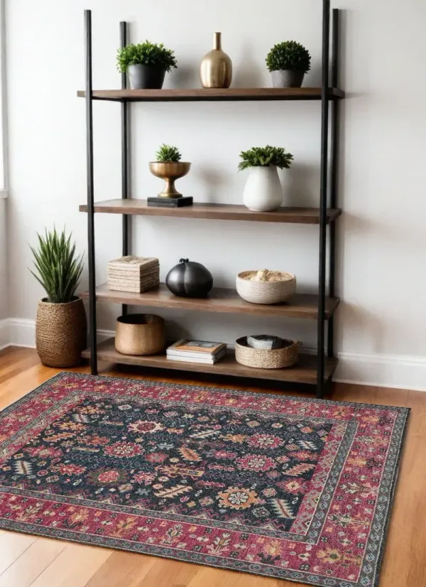 4' x 6' Wool Floral Hand Knotted Distressed Stain Resistant Area Rug With Fringe - Pink Blue And Orange