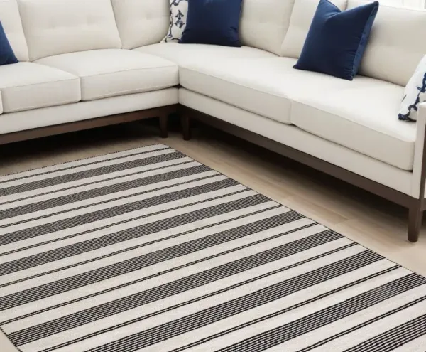 8' x 11' Striped Dhurrie Hand Woven Stain Resistant Area Rug - Black And White