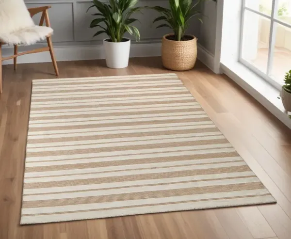 4' x 6' Striped Dhurrie Hand Woven Stain Resistant Area Rug - Ivory Taupe And Brown