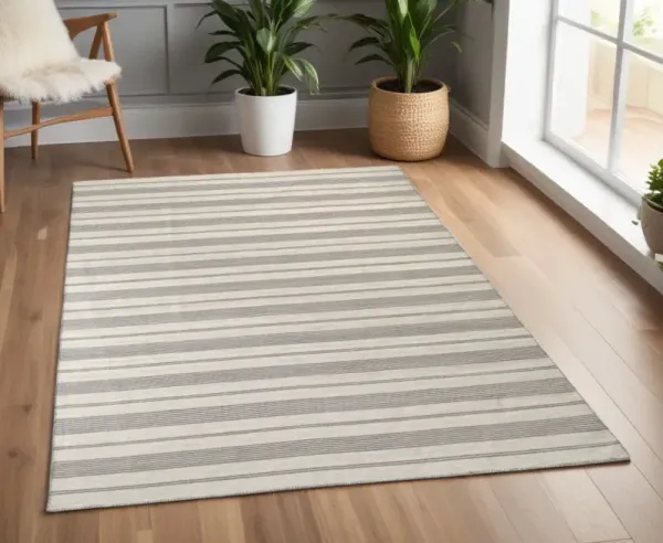 4' x 6' Striped Dhurrie Hand Woven Stain Resistant Area Rug - Gray And Ivory
