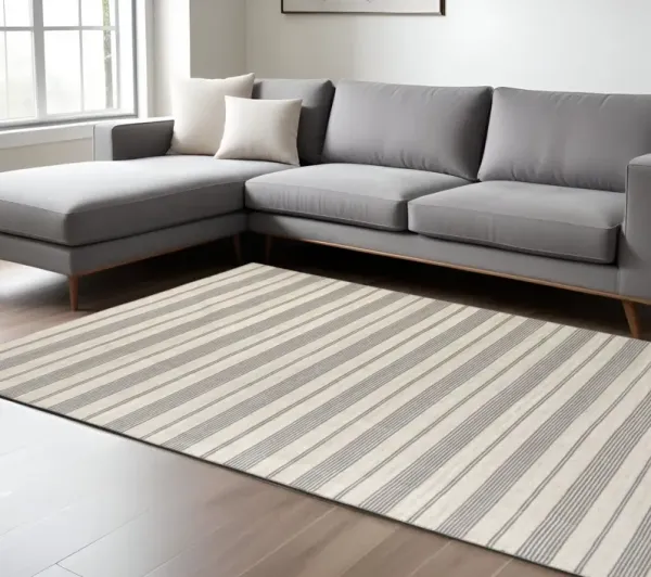 8' x 11' Striped Dhurrie Hand Woven Stain Resistant Area Rug - Gray And Ivory