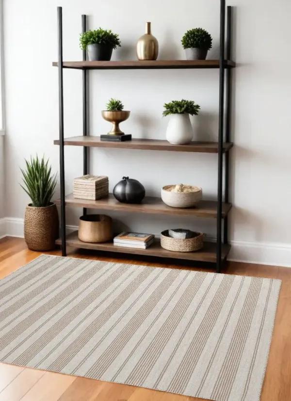 4' x 6' Striped Dhurrie Hand Woven Stain Resistant Area Rug - Ivory And Taupe