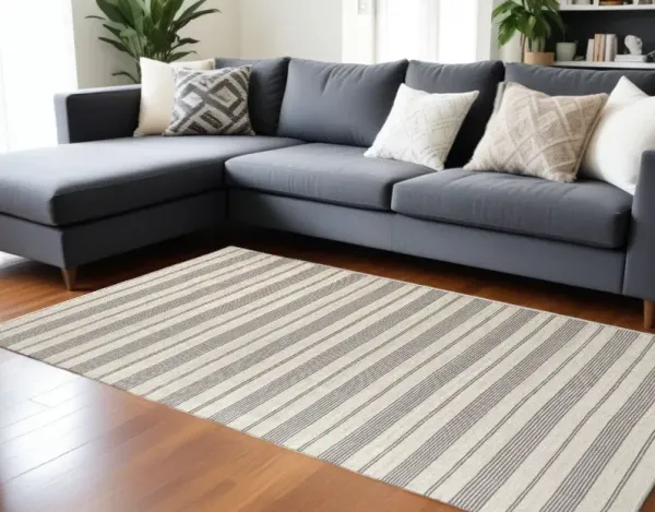 10' x 14' Striped Dhurrie Hand Woven Stain Resistant Area Rug - Gray And Ivory