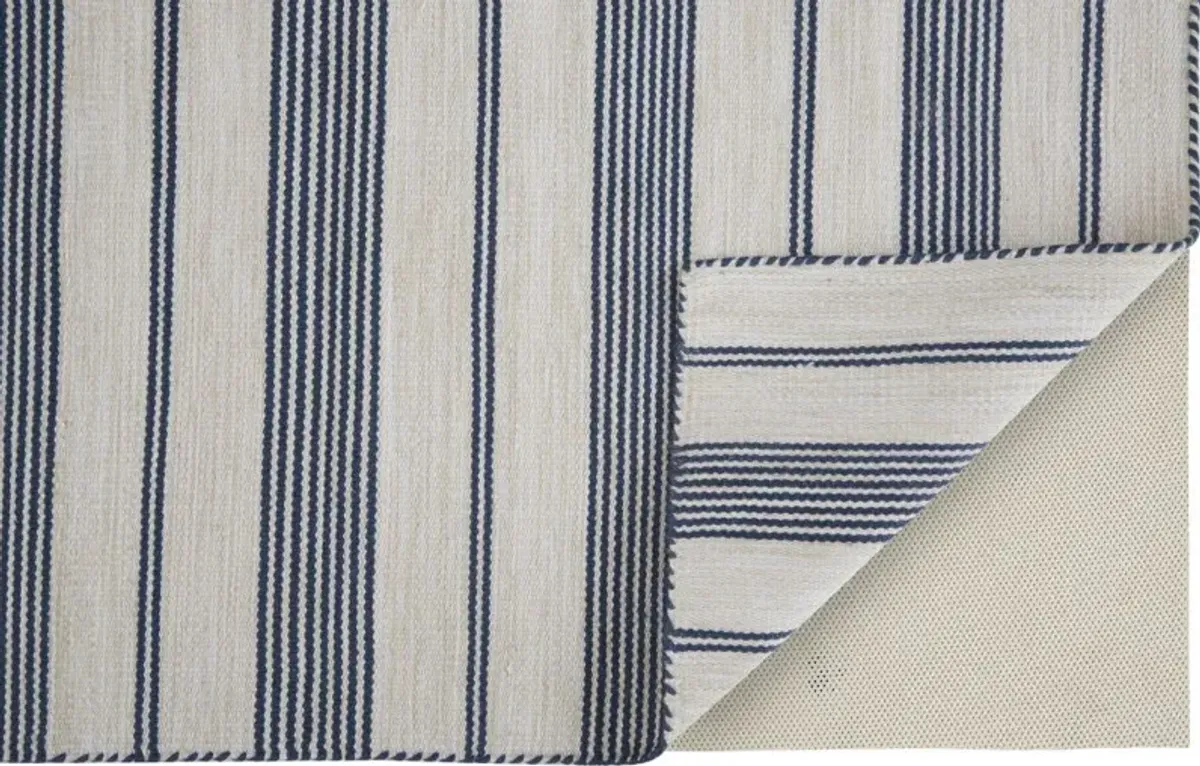 5' x 8' Striped Dhurrie Hand Woven Stain Resistant Area Rug - Blue And Ivory