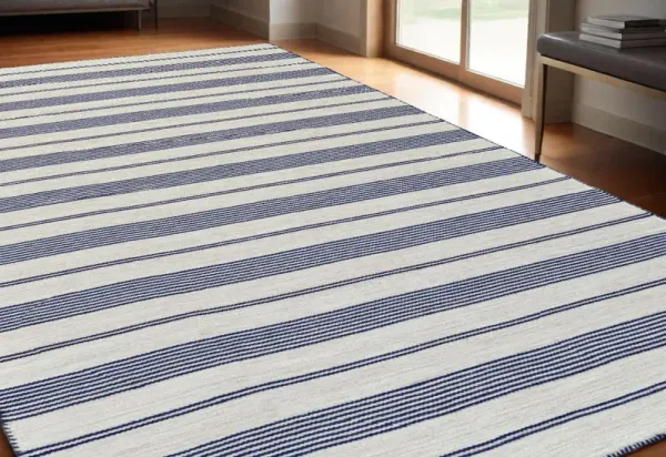 5' x 8' Striped Dhurrie Hand Woven Stain Resistant Area Rug - Blue And Ivory