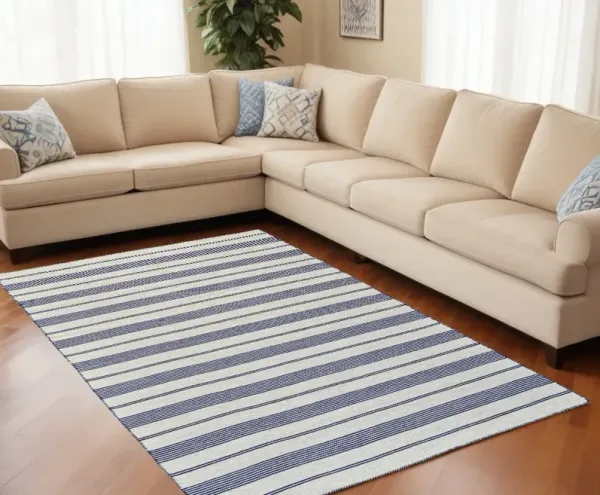 8' x 11' Striped Dhurrie Hand Woven Stain Resistant Area Rug - Blue And Ivory