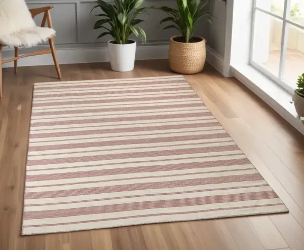 4' x 6' Striped Dhurrie Hand Woven Stain Resistant Area Rug - Red And Ivory