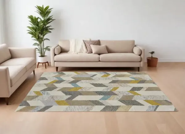 10' x 13' Wool Geometric Tufted Handmade Area Rug - Ivory Taupe And Blue