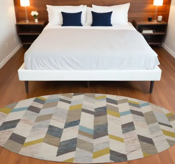 8' Round Wool Geometric Tufted Handmade Area Rug - Ivory Taupe And Blue