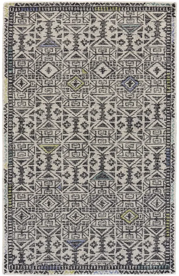 2' x 3' Wool Geometric Tufted Handmade Area Rug - Gray Ivory And Black