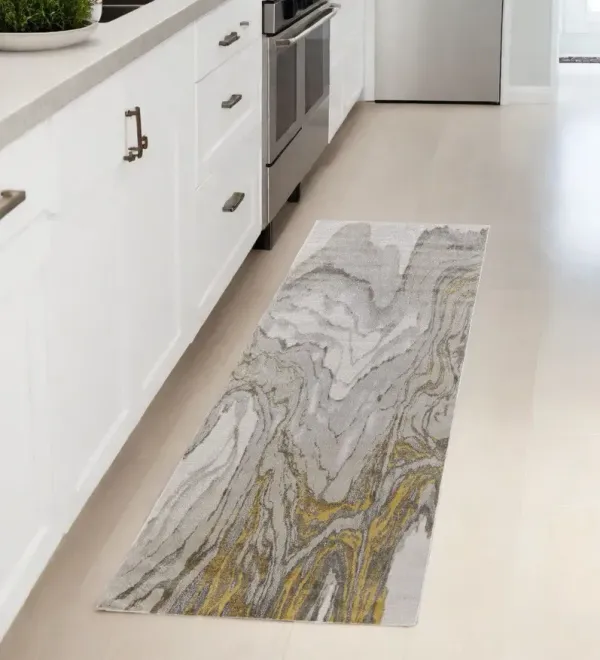 8' Abstract Runner Rug - Gold And Ivory