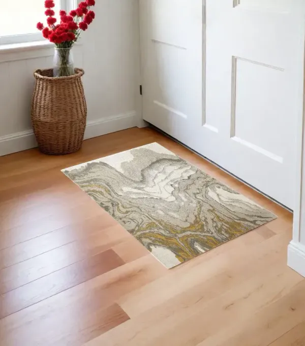 2' x 3' Abstract Stain Resistant Area Rug - Gold Ivory And Gray
