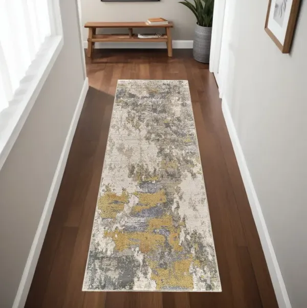 8' Abstract Runner Rug - Ivory Gray And Gold