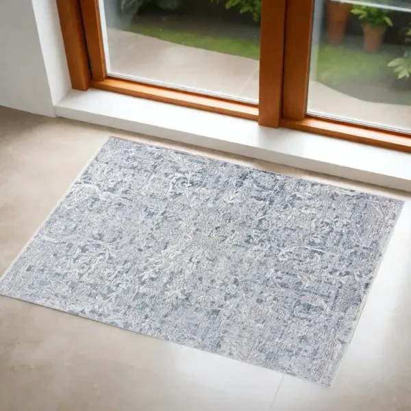 2' x 3' Abstract Distressed Viscose Area Rug With Fringe - Blue Gray And Silver