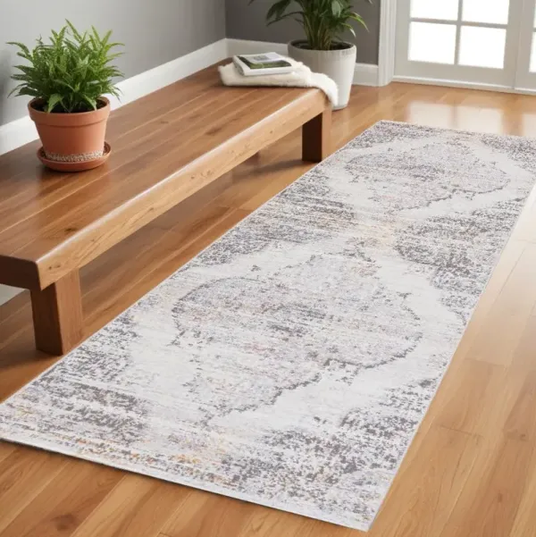 8' x 2.3' Medallion Power Loom Distressed Runner Rug With Fringe - Gray And Ivory