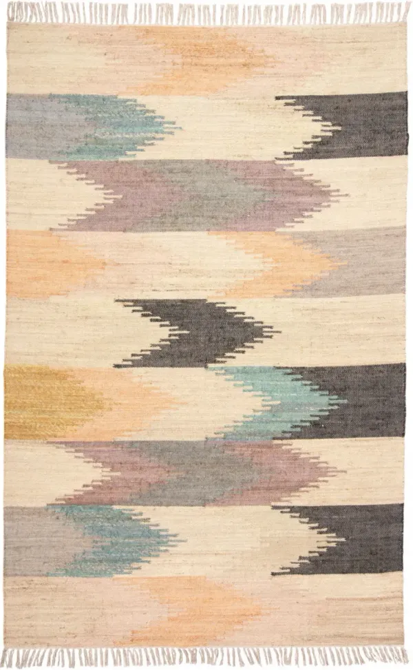 10' x 14' Geometric Dhurrie Flatweave Handmade Area Rug With Fringe - Tan Blue And Orange