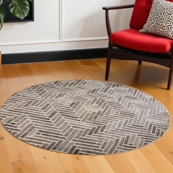 8' Round Wool Geometric Hand Tufted Area Rug - Tan And Gray