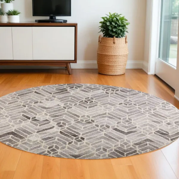 8' Round Wool Geometric Hand Tufted Area Rug - Gray And Ivory