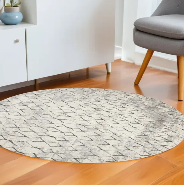 9' Round Abstract Stain Resistant Area Rug - Ivory Gray And Taupe