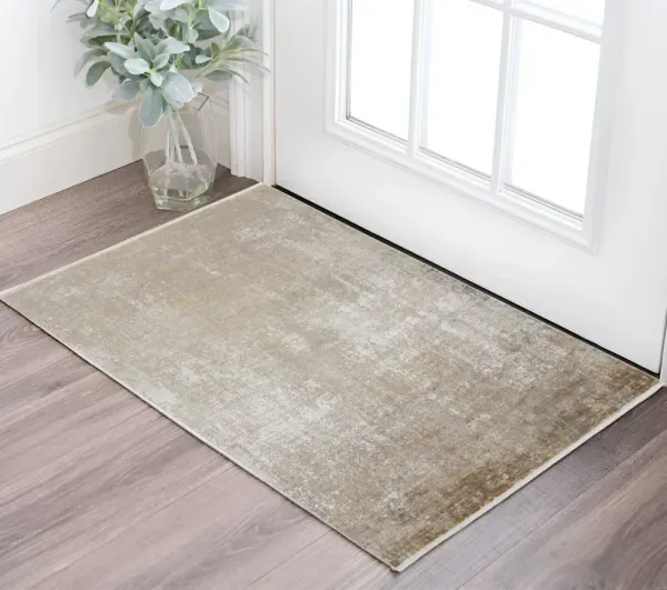 3' x 5' Abstract Power Loom Distressed Area Rug With Fringe - Taupe Ivory And Gold