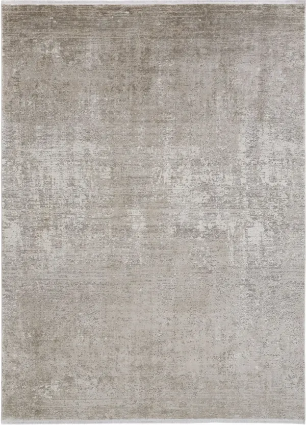 8' x 11' Abstract Power Loom Distressed Area Rug With Fringe - Tan Ivory And Gray