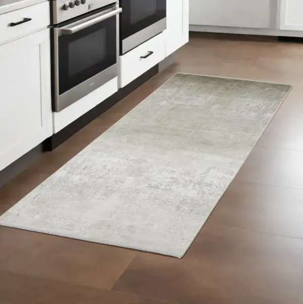 3' x 10' Abstract Power Loom Distressed Runner Rug With Fringe - Tan Ivory And Gray