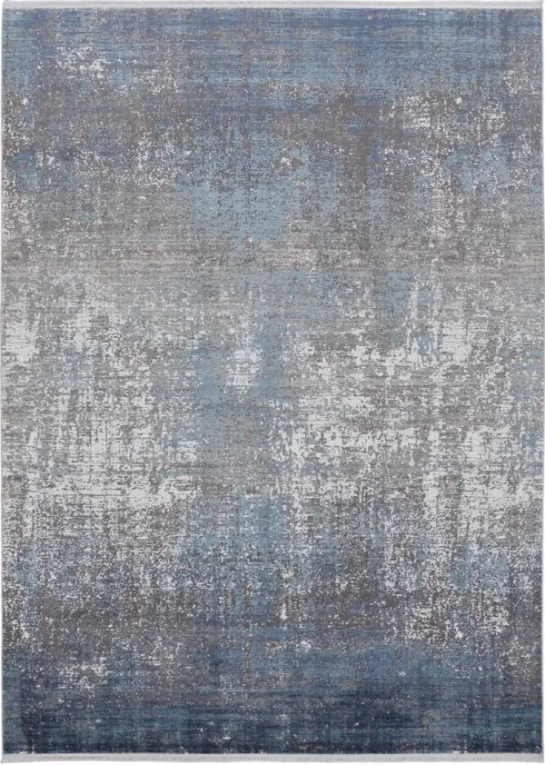 8' x 11' Abstract Power Loom Distressed Area Rug With Fringe - Blue Gray And Silver