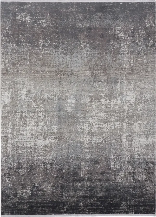 7' x 10' Abstract Power Loom Distressed Area Rug With Fringe - Gray Black And Silver