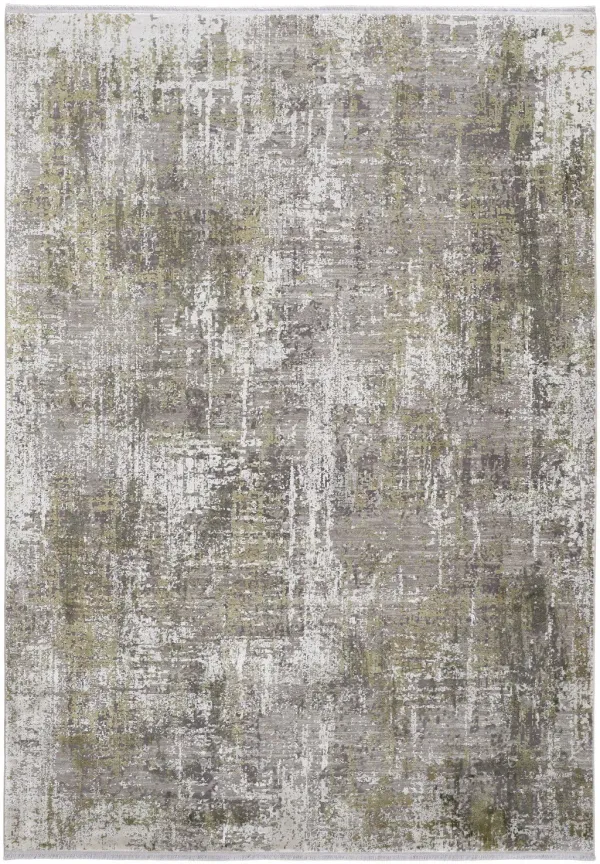 8' x 11' Abstract Area Rug With Fringe - Green Gray And Ivory